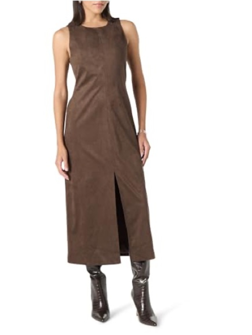 Sleeveless Brown Midi Dress with Center Front Slit